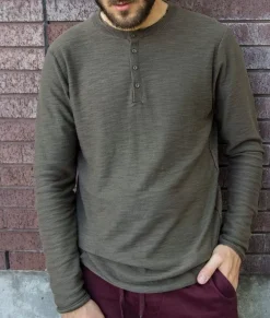 Shirts>Nayked Apparel Men'S Slub Knit Raw-Edge Henley/Discontinued Burnt Olive