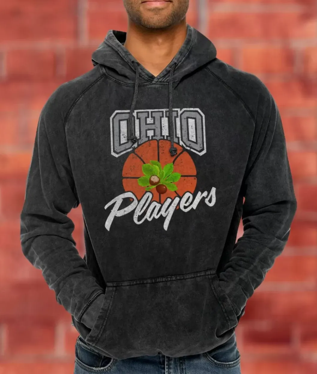 Shirts>Nayked Apparel Men'S Vintage Raglan Graphic Hoodie | Ohio Players (Buckeye Leaf) Vintage Black