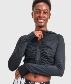 Tops>Nayked Apparel Ruched Front Cropped Hoodie Jacket/Discontinued Black