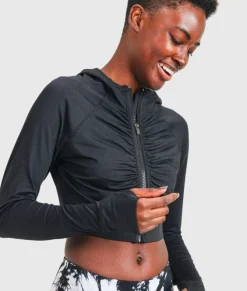 Athleisure>Nayked Apparel Ruched Front Cropped Hoodie Jacket/Discontinued Black